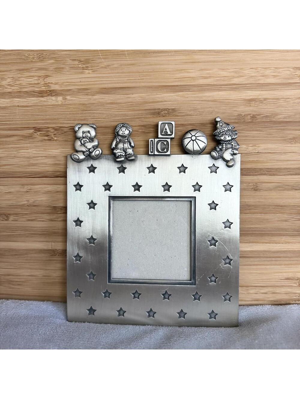 Vintage Pewter Finish Baby Nursery Picture Frame Stars Teddy bear Clown 4x4photo